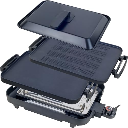 ホットプレート 大型 ワイド 1枚2役(焼肉プレート 平面プレート) 両面 可動式スタンド 着脱式プレート 自立蓋付き ブラック YHM-SW130(T)