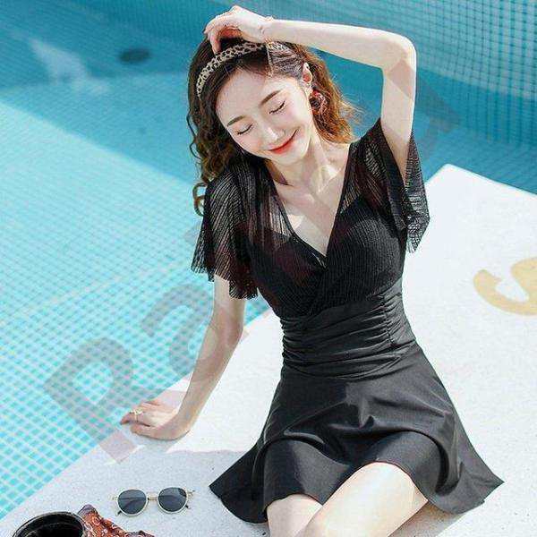 水着 レディース 体型カバー 水着ワンピース型 サロペット水着 半袖 黒Vネック 小胸バンドゥ 40代 オシャレ韓国風 可愛い スイムウェア 8,320円