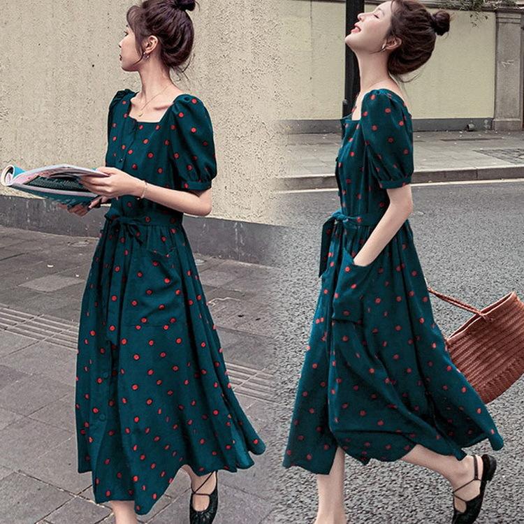 ワンピース レディース マキシワンピース 春夏新作 半袖ワンピース シフォン ドット柄ワンピース ロング丈スカート 韓国風 オシャレ 通勤 OL 大人 着痩せ