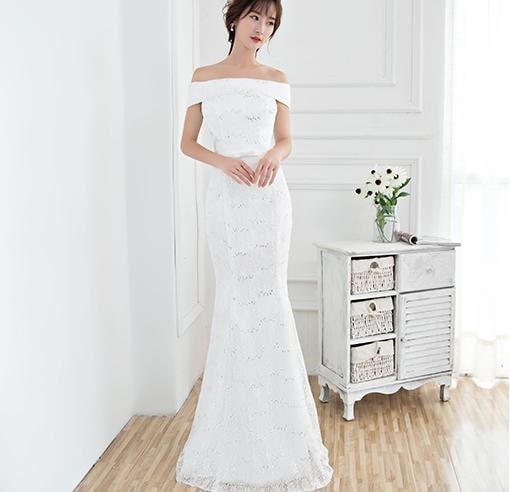 1484. オフショルダーマーメイドドレス（ホワイト）結婚式 イブニングドレス オフショルダー 演奏会 ウェディングドレス パーティドレス お呼ばれ 大きいサイズ 2019 春夏 sale