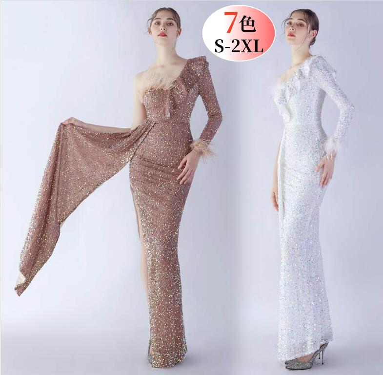 ワンショルダー ワンピース ドレス 披露宴 二次会 キャバドレス ロングドレス タイトワンピース スリット入り 無地 パーティードレス ウェディングドレス マーメイドドレス キャバ嬢 上品 女性 30