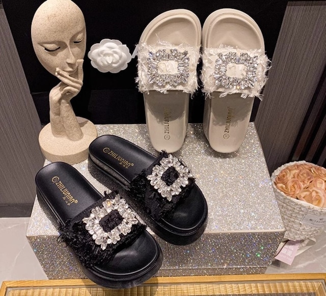 厚底サンダル レディース 全2色 スクエアビジューツイードサンダル ビジューサンダル キラキラサンダル 大人可愛い 韓国 新作 20代 30代 40代 シューズ 靴 キラキラ きれいめ かわいい おし