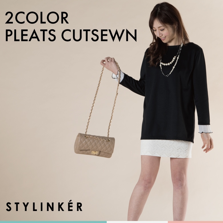 2017 新作 モリ袖 フリンジ フリンジ袖 春夏 プリーツ袖 プルオーバー カットソー レディース プリーツ 長袖 トップス ブラック 黒 白 ホワイト スタイリンカー stylinker 5,083円