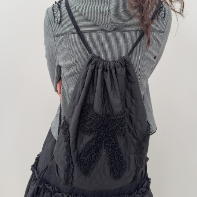 Quilted Ruffled Bow Bag [Black] キルティング リボン フリル 韓国風 ラブリー カジュアルトート