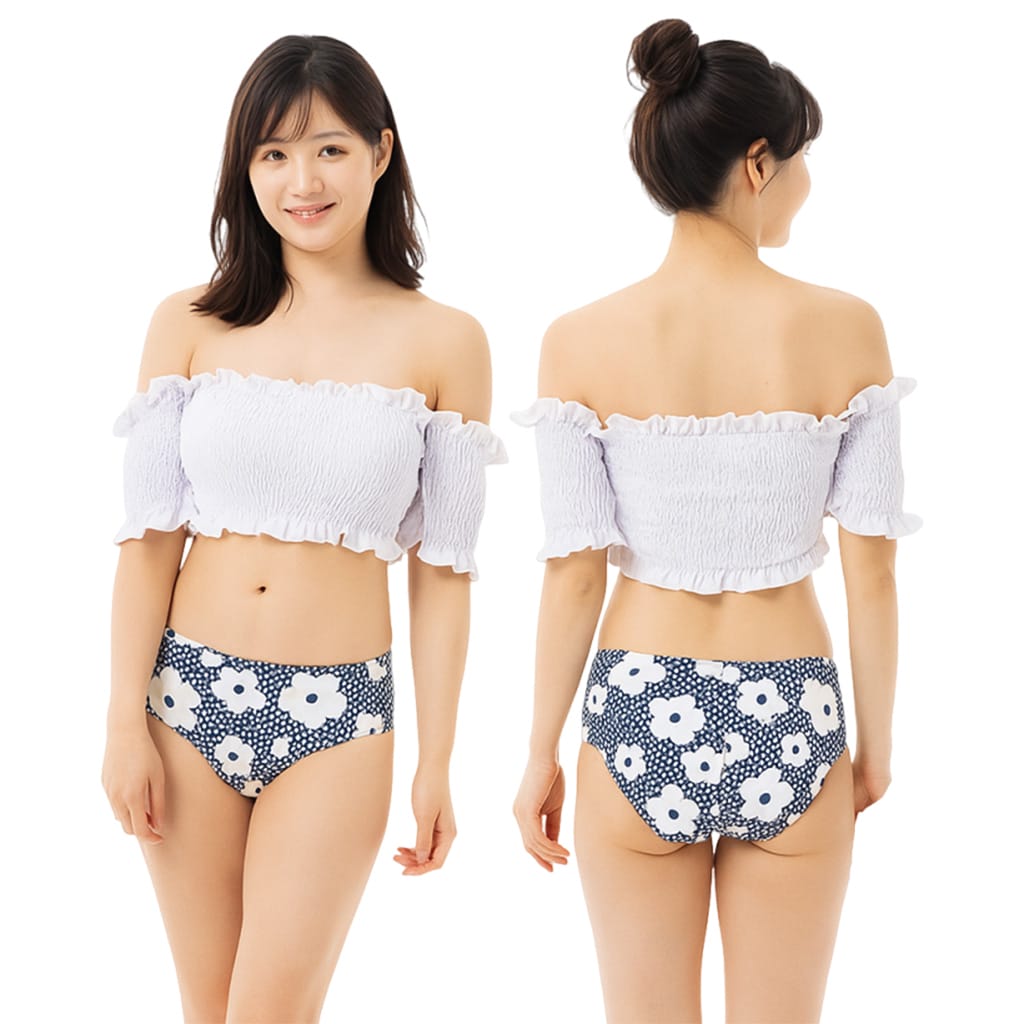 レディース水着 セパレート ビキニ オフショルダー トップス 花柄 ショーツ フリル シャーリング ホワイト モノトーン ガーリー 体型カバー 可愛い 小胸 盛れる 美胸 夏 海 プール バカンス 海