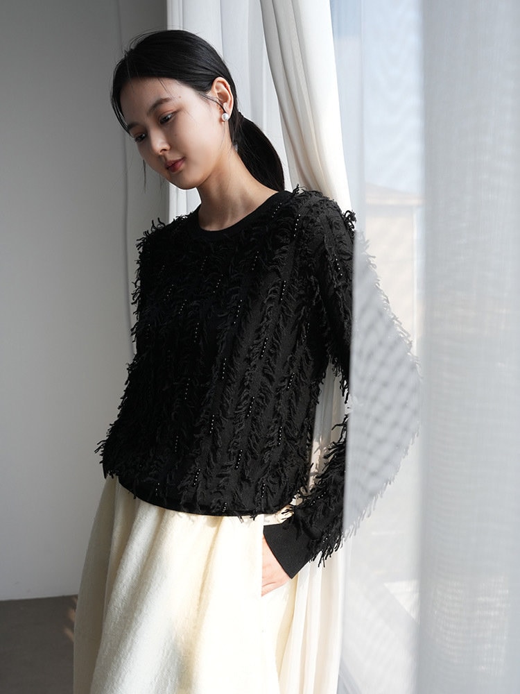 フリンジデザイン ビーズ 長袖セーター レディース ウールブレンド アクリル混紡 ブラック ブラウン ホワイト カジュアル 秋冬 フリーサイズ