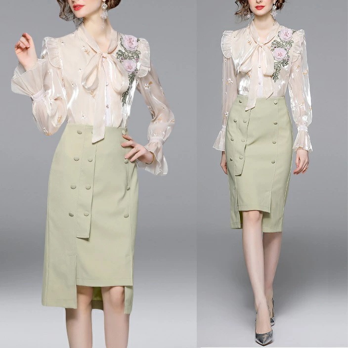 【即納】セミフォーマル ブラウス スカート タイト セットアップ 上品 パーティードレス 韓国 大人 個性的 レディース 花柄 リボンタイ 春 夏 長袖 ひざ丈 膝丈 可愛い お嬢様系 きれいめ お呼