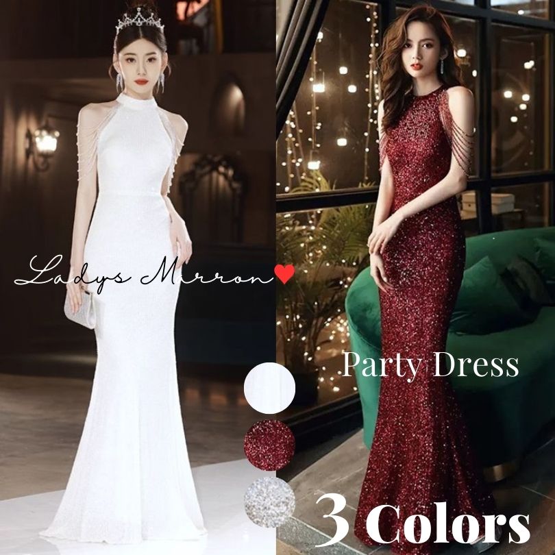 【即納】ノースリーブドレス ロングドレス 演奏会 スパンコールドレス 白ドレス 赤ドレス グレードレス イブニングドレス ホルターネックドレス パーティードレス かっこいい キャバドレス 韓国 マーメ
