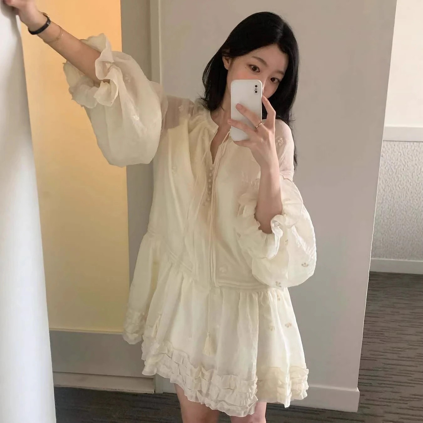 3日出荷 ワンピース夏 新作 若見え 刺繍 かぎ針編み フリル フレアスリーブ 春服 レディース