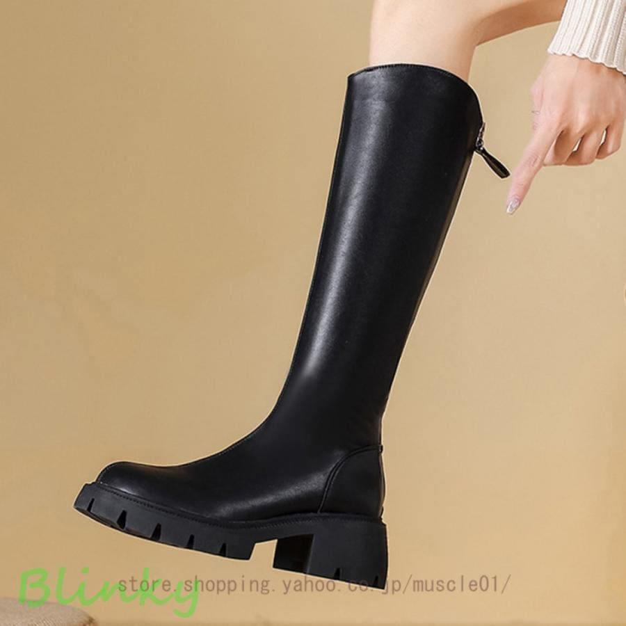 ロングブーツ レディース 歩きやすい 厚底 ハイヒール 5.5cm チャンキーヒール バックファスナー 通勤 通学 コスプレ 黒 太ヒール スクエアヒール 高筒ブーツ