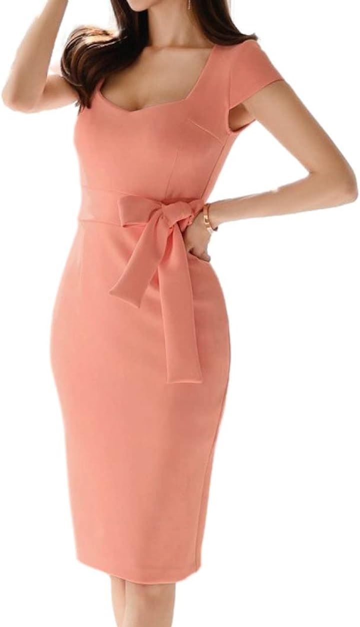リボン ワンピース スクエアネック タイト ミディ クラブドレス ひざ丈 半袖 ウエストマーク ペンシル スリット レディース DA8 シオン( サーモンピンク, M)