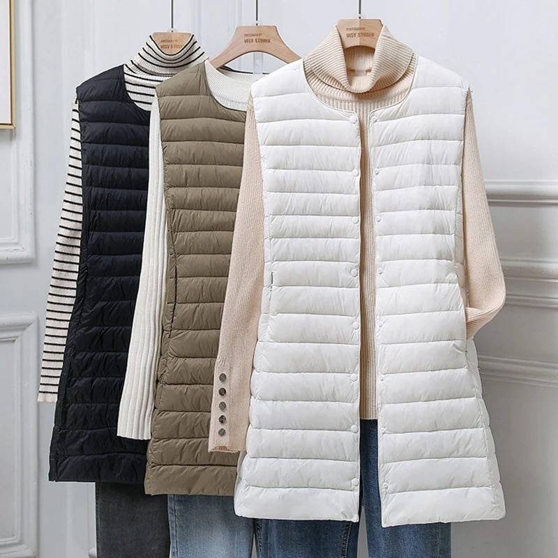 ダウンベストレディースジレインナーロング丈羽織り軽量着痩せシンプルきれいめカジュアル保温暖かい防寒秋冬