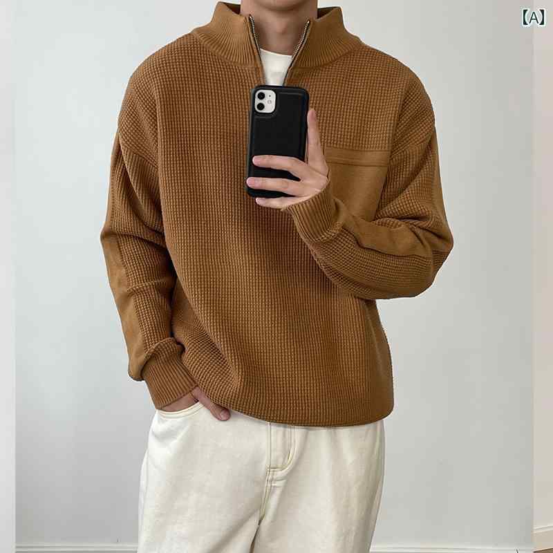 セーター メンズ ニット トップス 秋冬 ハーフジップ タートルネック スタンドカラー 厚手 無地 カーキ ホワイト ブラック