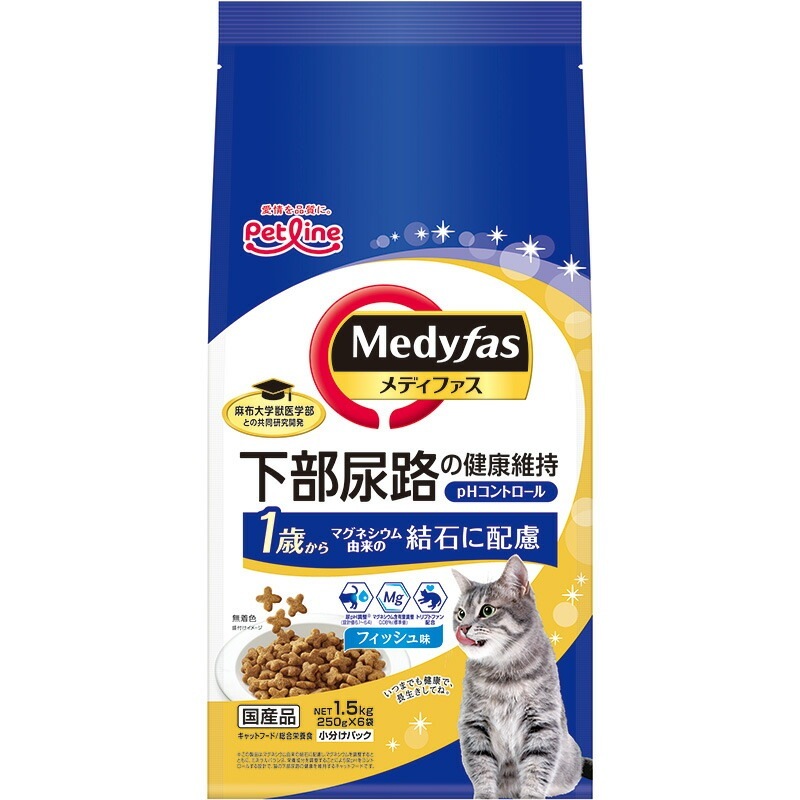 （まとめ買い）ペットライン メディファス 1歳から フィッシュ味 1.5kg（250gx6） 猫用フード [x3]