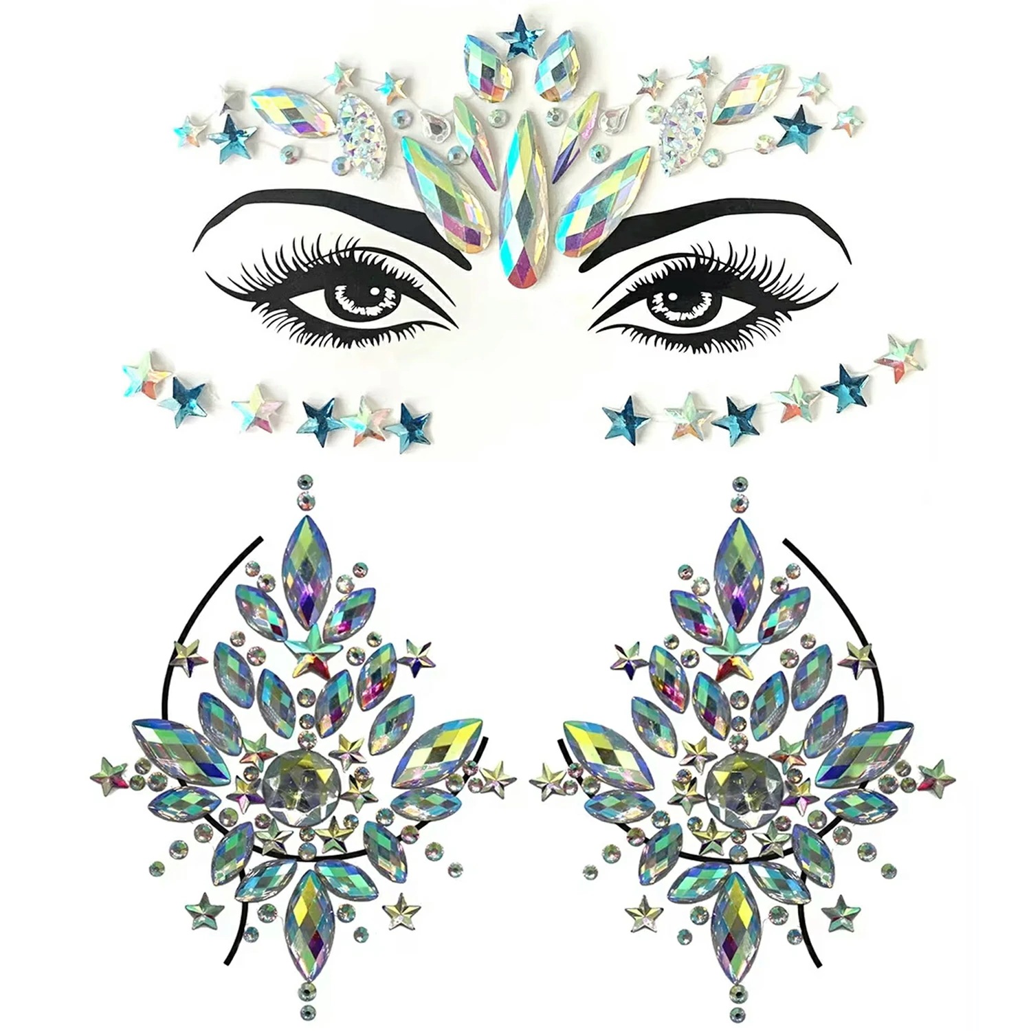 フェイス・チェスト セット（胸元と顔・目元用セット） ジェムボディステッカー 1シート 貼る シール 簡単 キラキラ 眉間 おでこ 頬 腕手足胸 衣装 アクセサリー 祭り nt593xxxxxxxx