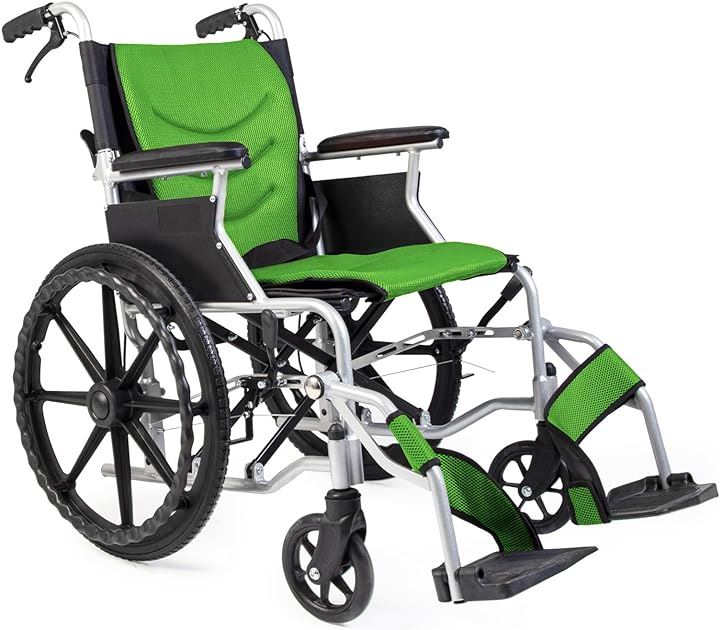 車椅子 折り畳み式 アルミ製 介助・自走 兼用 簡易 コンパクト 介助ブレーキ付 収納ポケット付き( グリーン)