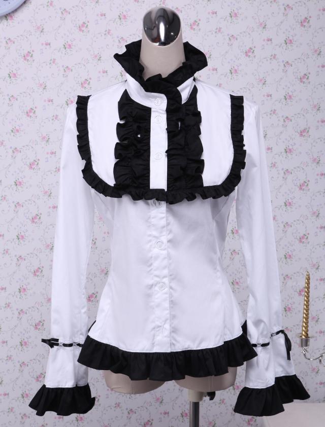 【全店任意2枚購入で100円OFF】コットンブラウスロリィタトップスホワイト長袖ブラックフリルスタンドカラー