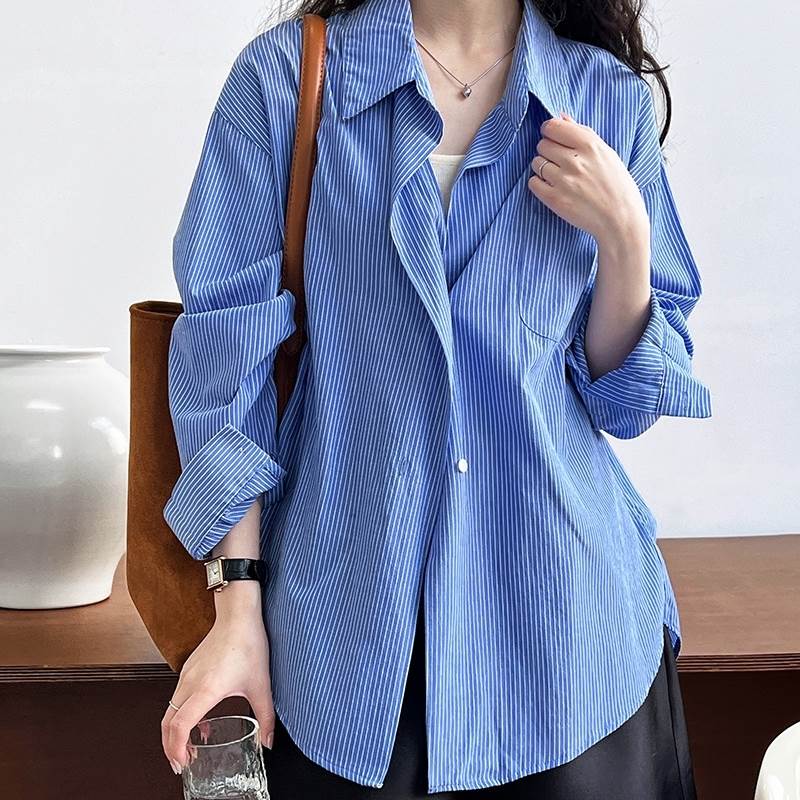 【人気商品超目玉】イベント バイト 学校 オフィス L M ストライプ ブルー ホワイト オーバーサイズ 襟付き 長袖 冬 秋 春 ブラウス シャツ