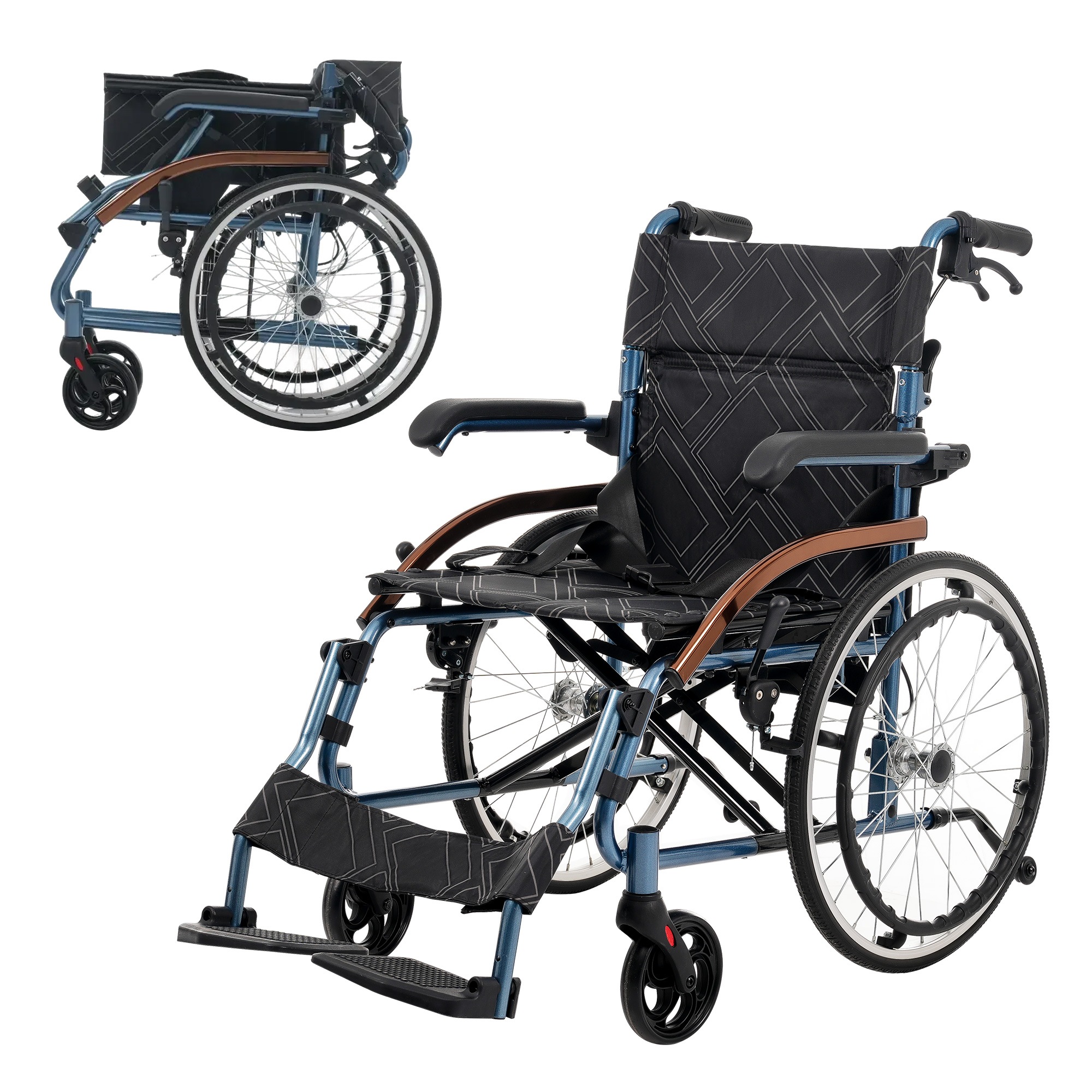 【国内発送】4車椅子 アルミ製 軽量 四輪 自立可能 防水生地Black + Aluminium ノーパンクタイヤ 介助ブレーキ付き コンパクト 折りたたみ可能 座面付き 四輪 介助用 キャスター付き