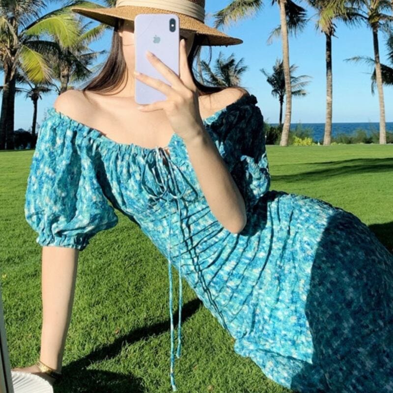 レディース ワンピース オフショルダー デコルテ ロング丈 ブルー フリル 大人カジュアル