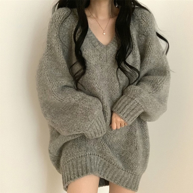 Vネックオーバールーズニット レディース ワンピース トップス ニットチュニック ニットワンピース プルオーバー セーター ビッグシルエット Vネック 長袖 ドロップショルダー ボリュームスリーブ 5,245円