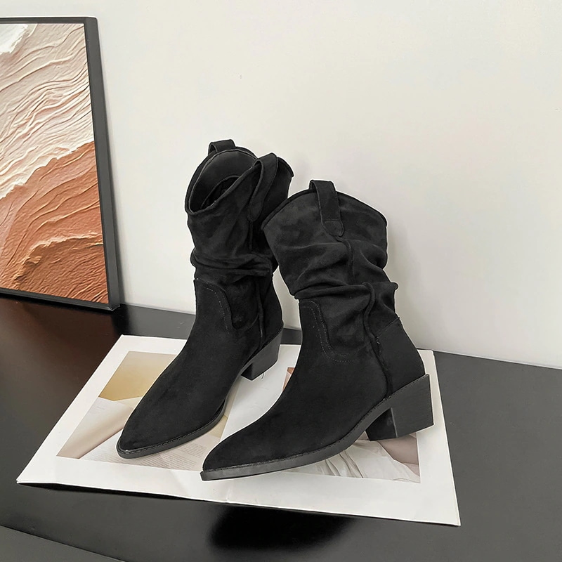 レトロスエードポインテッドトゥパイルブーツショートブーツ女性用2025vスリム太ヒールウエスタンミッドカーフナイトブーツ