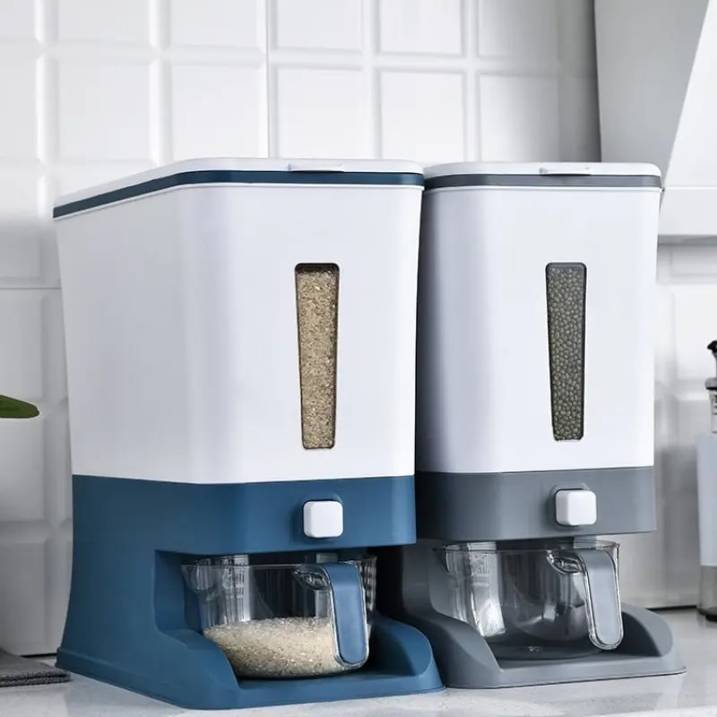 Langkes 大容量25ポンド 米用ディスペンサー コンテナ／容器密閉式食品保存・計量カップ付きキッチンパントリー向け厚手のプラスチック製防湿・害虫対策自動計量機能付き