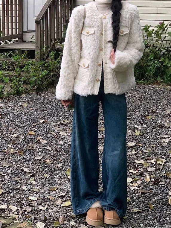 アウターファー毛皮アウターあったかアウター ブルゾンファー付きファッション系裹起毛大人ゆったりカジュアルストリートサイズレディースムートン襟ゆるダボ シルエット学生通学丈 韓国風スタイルアップ 秋