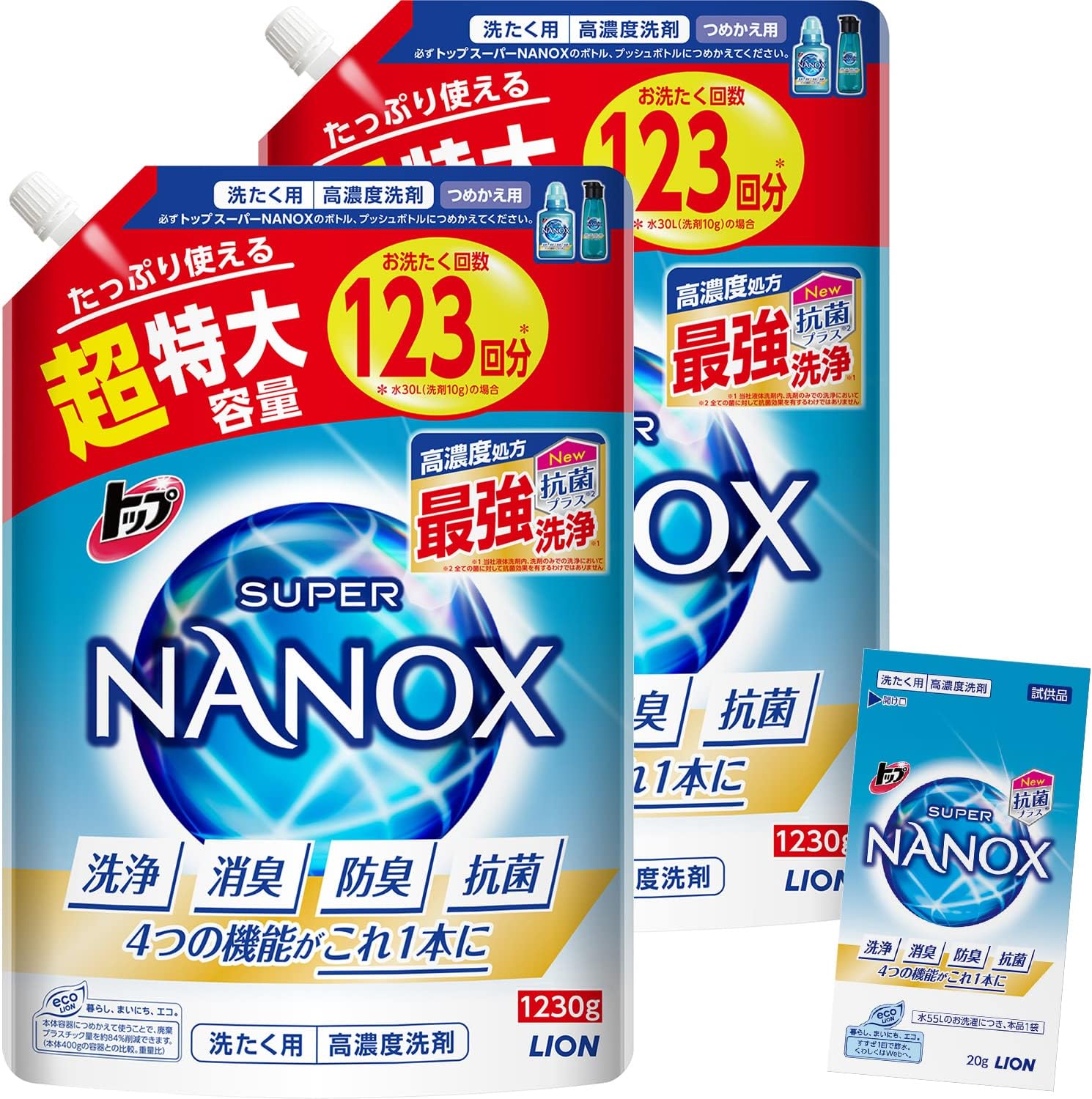 トップ ナノックス(NANOX)【まとめ買い 大容量】トップ スーパーナノックス 蛍光剤・シリコーン無添加 高濃度 洗濯洗剤 液体 詰め替え 超特大1230g×2個セット おまけ付き 8,166円
