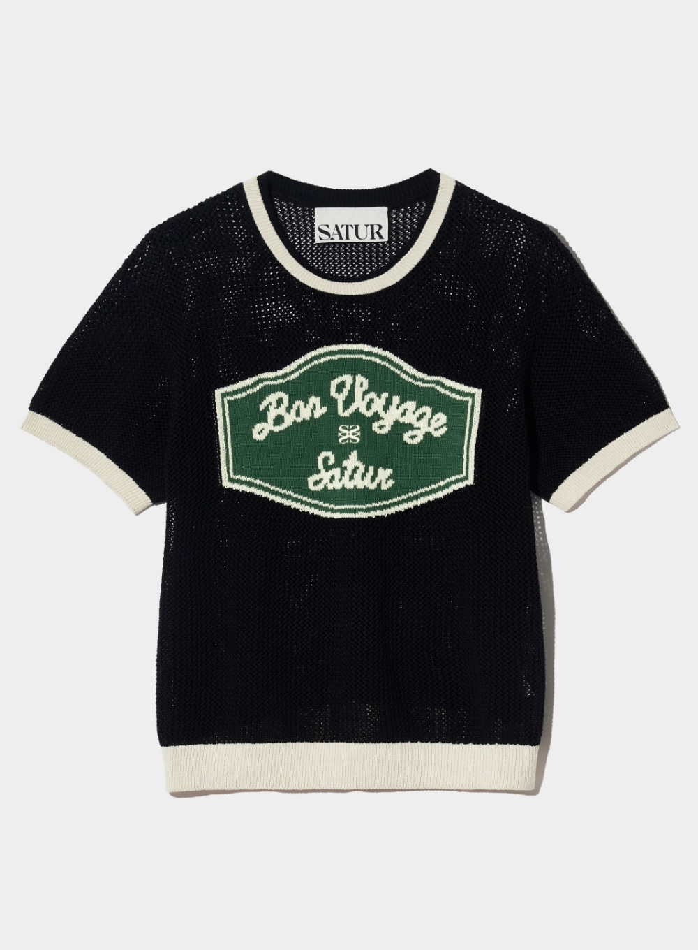 【SATUR】 BON VOYAGE ARTWORK LOGO CREW NECK HALF KNIT : ORGANIC BLACK