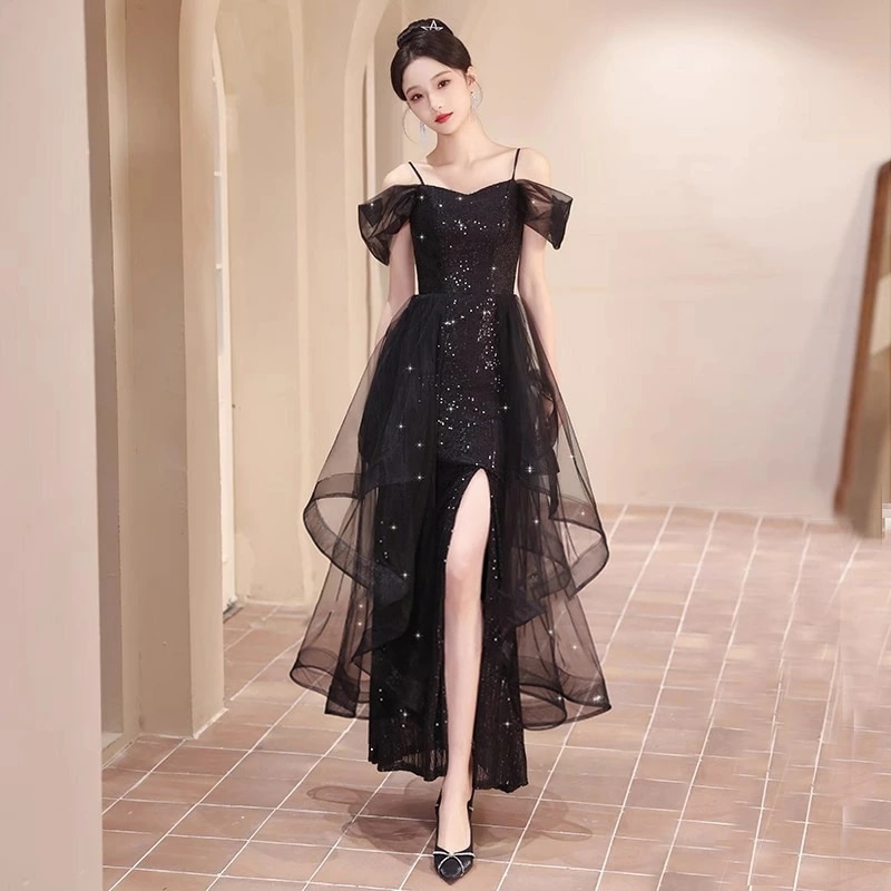 イブニングドレス オフショルダー ブラック キラキラドレス スパンコール ロングドレス キャミドレス 黒 発表会ドレス キラキラ 可愛い パーティードレス Aライン S M L XL XXL XXXL