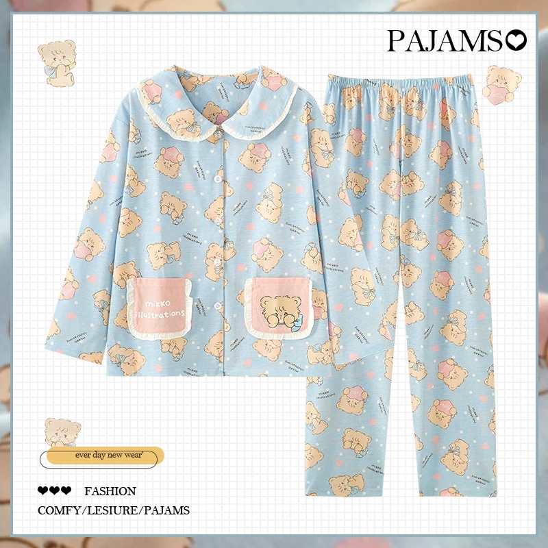 Mikko パジャマ 女性用 春秋 純綿 長袖 和風 漫画 かわいい人形襟 ホーム服セット 5,126円