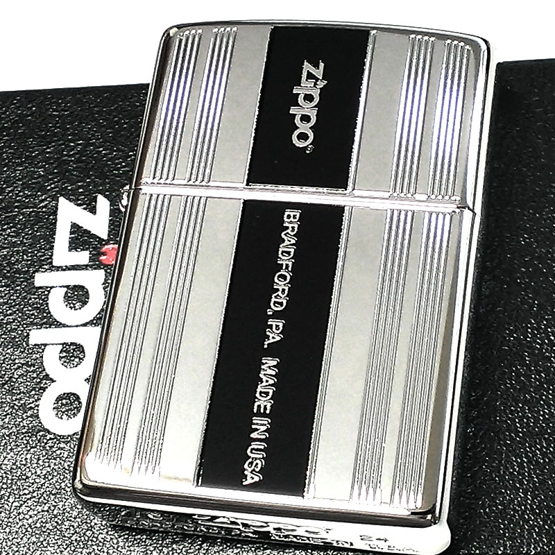ZIPPO ライター 縦ライン シルバー＆ブラック ジッポ Luxury Line おしゃれ 黒銀 ロゴ かっこいい 彫刻 メンズ レディース ギフト プレゼント