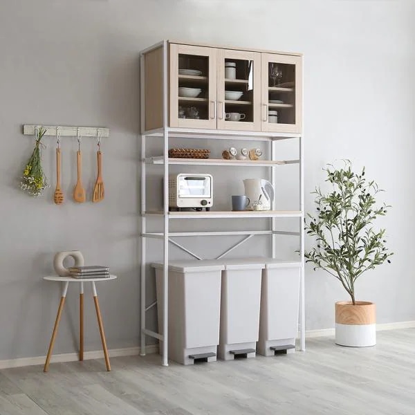 ゴミ箱上ラック 収納棚 食器棚 収納 おしゃれ 北欧 開き扉 ガラス扉 オープンラック 電子レンジ台 キッチン収納 ナチュラル カントリー 木目 ホワイト 白