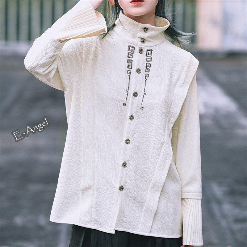 チャイナ風トップス 白 刺繍 スタンドカラーシャツ 長袖 レディース ブラウス オリジナル モダン