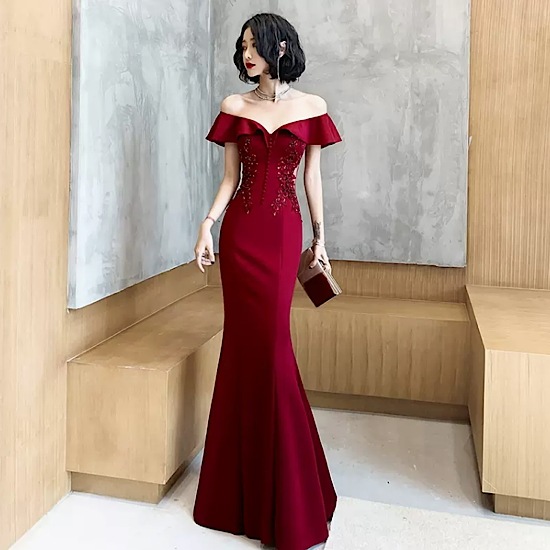 【取寄：納期2週間】演奏会ドレス オフショルダー セクシー スレンダー イブニングドレス マーメイド 発表会 演奏会 レディース 結婚式 ステージ衣装 ロング丈 エレガント ウエディングドレス