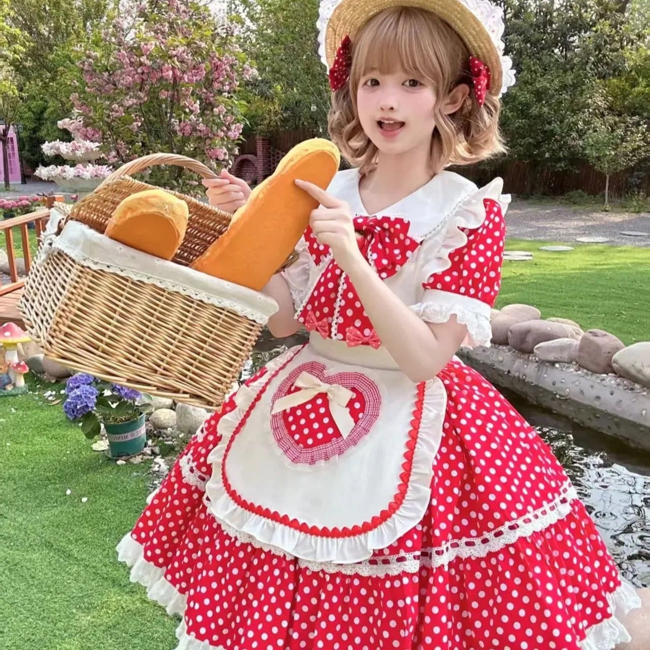 【急速出荷】無.料 赤 水玉 メイドOP ロリータ