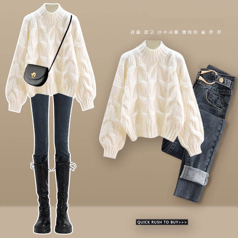 【韓国の人気爆発】 着痩せ カジュアルセーター+ハイウエスト デニムパンツセット 5,436円