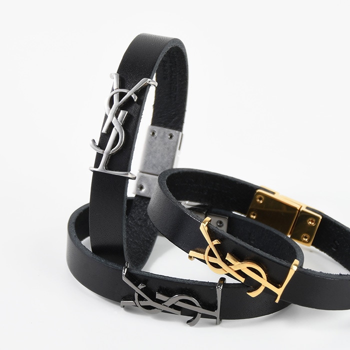 ブレスレット アクセサリー YSL Logo 7088150IH0C レディース ブラック ゴールド レザー バングル ロゴ 人気 おすすめ