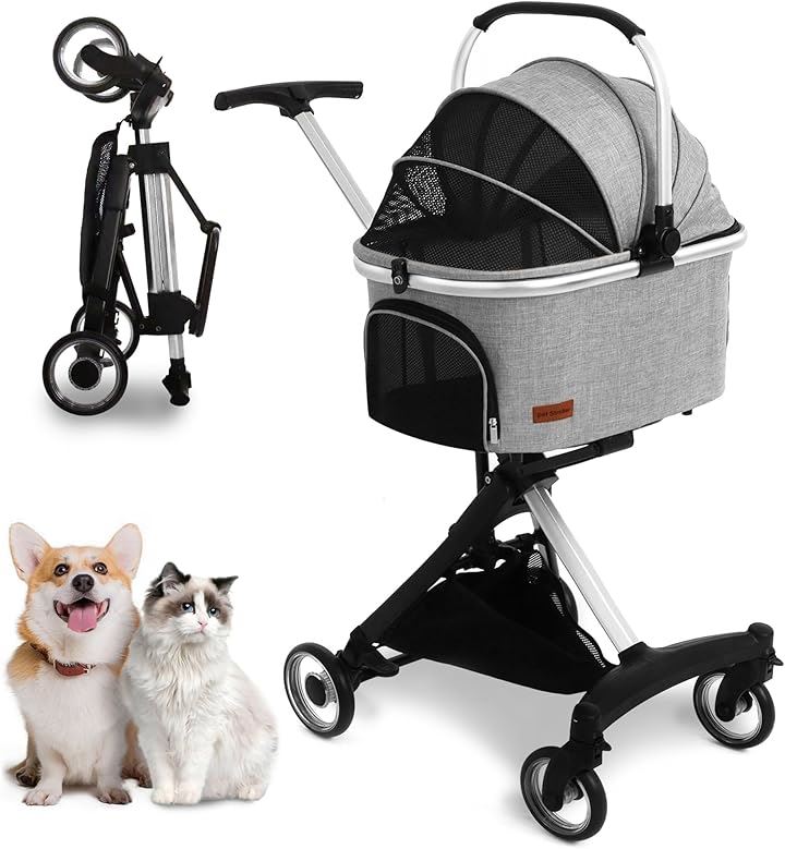 ペットカート 分離型 犬 猫用 バギー いぬ用 コンパクト 軽量 組み立て簡単 前輪360回転 後輪ブレーキ付き 耐荷重20Kg 小型犬多頭 中型犬 散歩 外出便利( グレー)