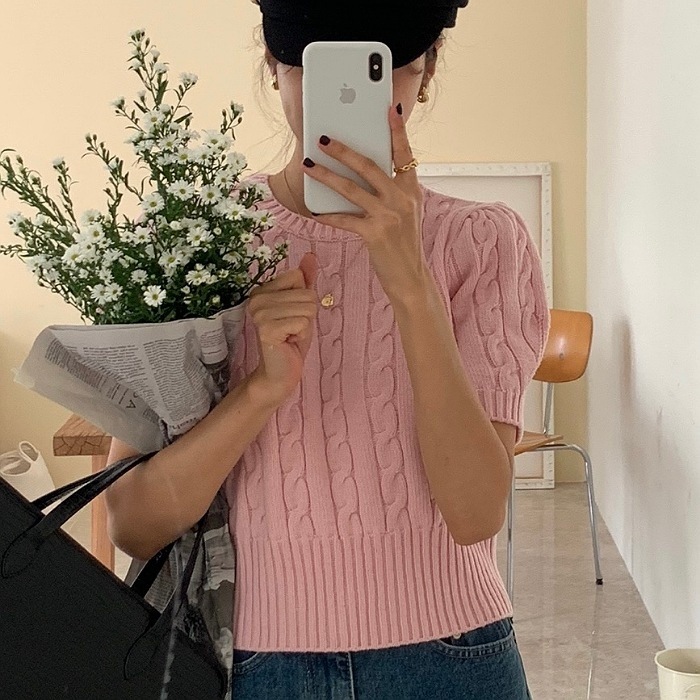 金メッキ半袖ニット(ケーブルニット 秋半袖ニット ポロニット) korea product