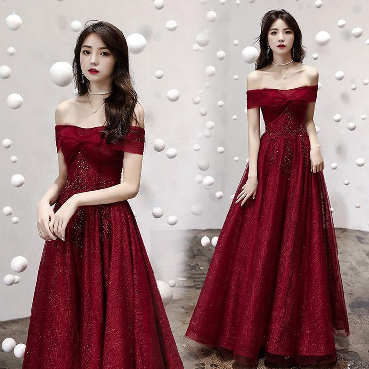 人気商品，発表会ドレス ロングドレス ワイン赤 イブニングドレス オフショルダー キラキラ 結婚式ドレス 二次会ドレス ワインレッド ボートーネック