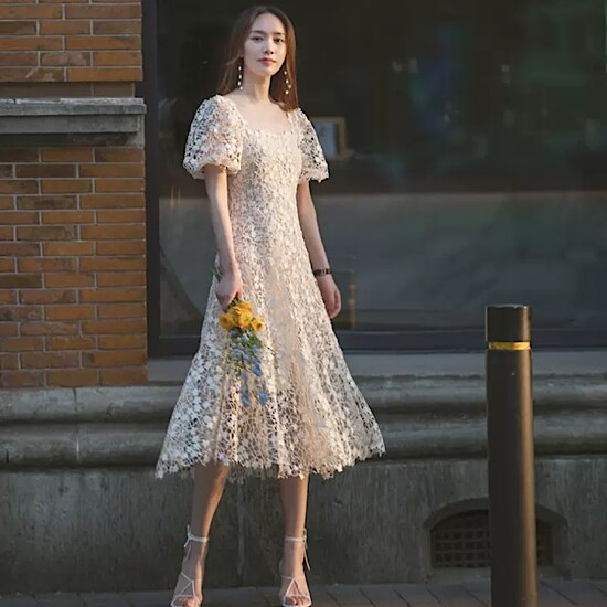 【取寄：納期2週間】結婚式ドレス パフスリーブ イブニングドレス レース ミモレ丈 発表会 演奏会 レディース フレアドレス 結婚式 ステージ衣装 半袖 エレガント ウエディングドレス Aライン