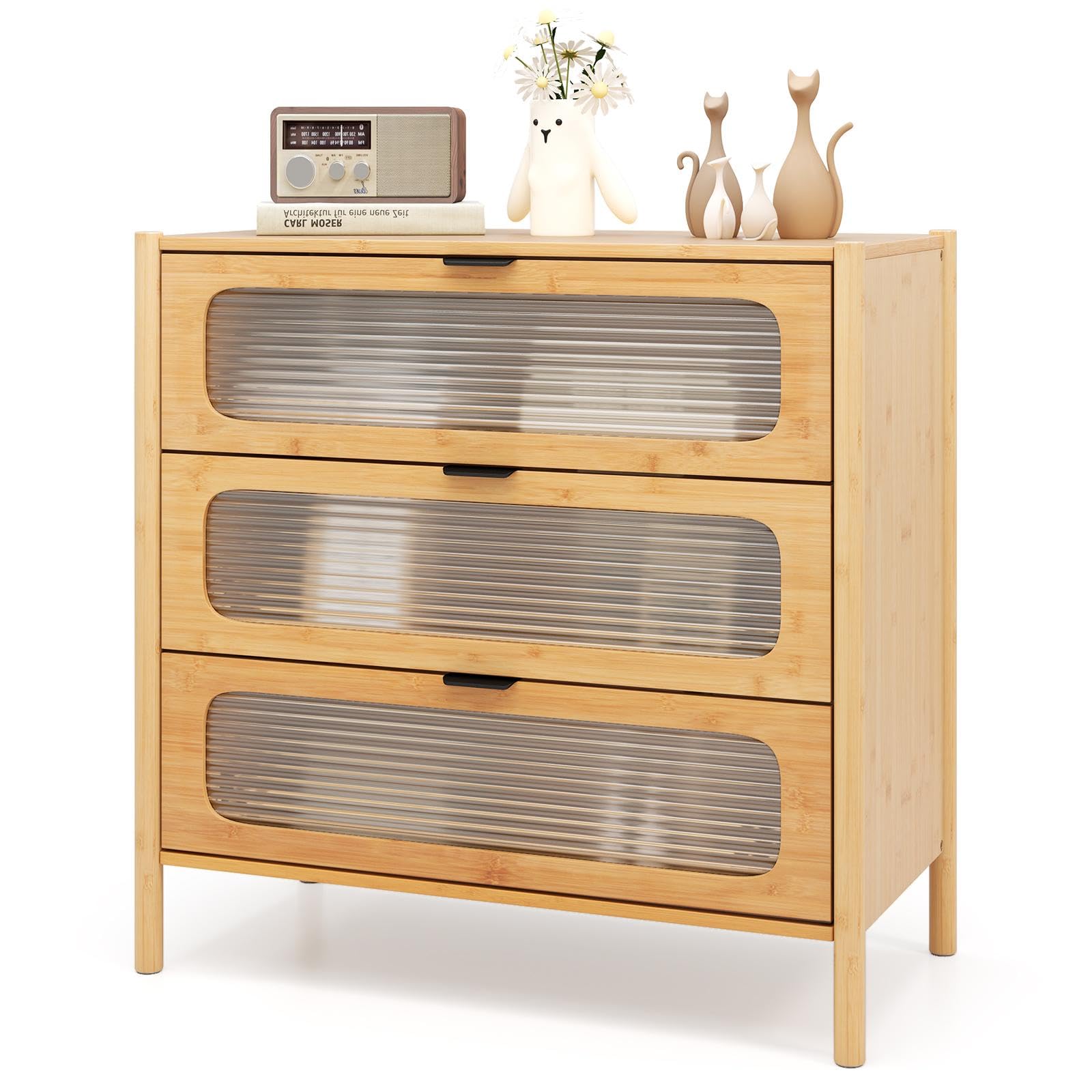 Giantex サイドボード キャビネット サイドボード 天然竹製 引き出し付き 幅80×奥行40×高さ78.5cm ベッドサイドテーブル ナイトテーブル ローテーブル コーヒーテーブル リビングチェ