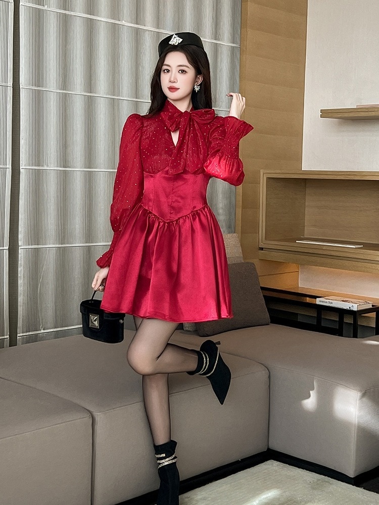 【JY.上品】 2025秋冬新品 レッドワンピース 蝶結び フリル ドレス パーティー キャバ 大人 同窓会 披露宴 卒業式 結婚式 演奏会 ウェディング 二次会 メガ割