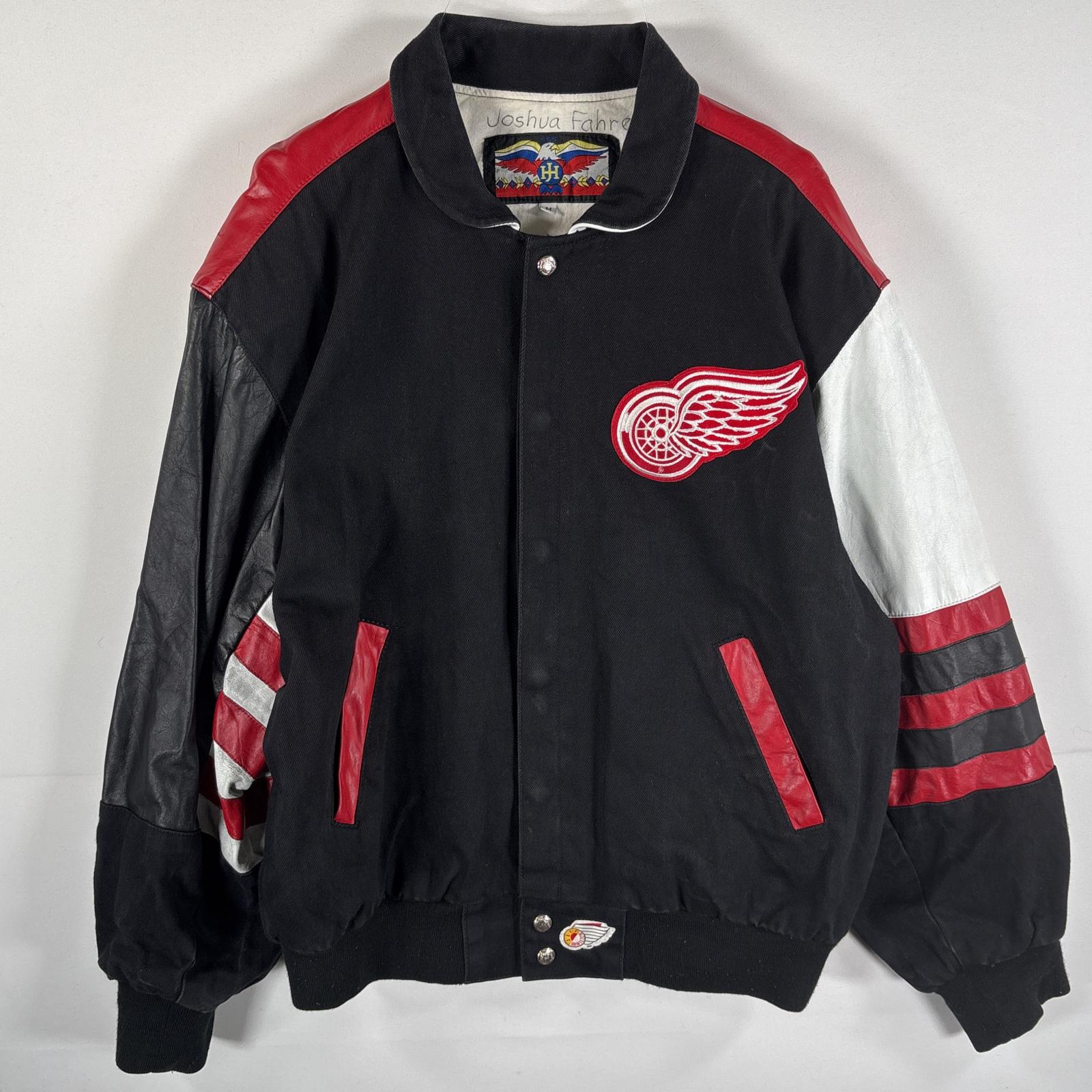 古着 JH USA製 スタジャン アームレザー NHL レッドウィングス ビッグワッペン M ブラック ホワイト レッド メンズ