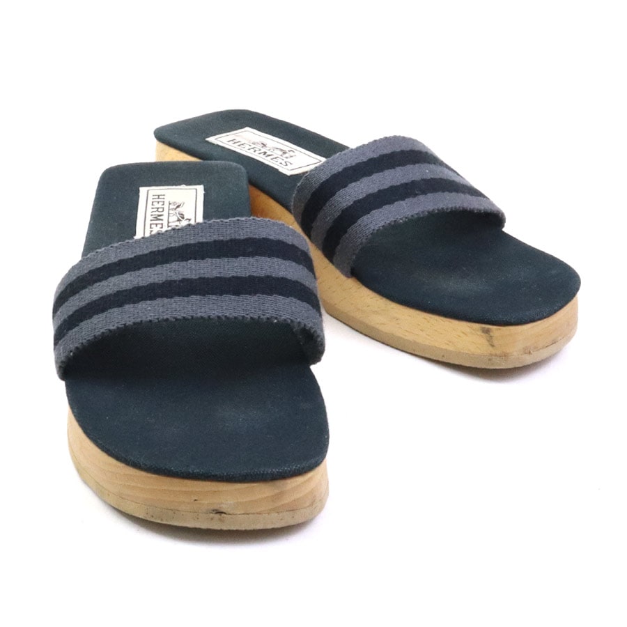 エルメス HERMES サンダル 6 キャンバス/ウッド グレー/ブラック/ベージュ レディース e60638i