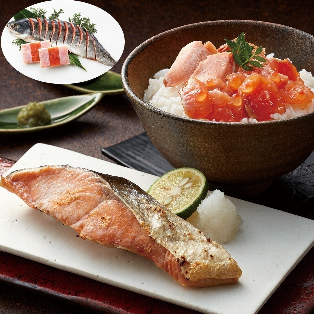 北海道産 新巻鮭&鮭といくらのルイベ漬セット 北海道産新巻鮭姿切身（半身2分割真空）700g1鮭といくらのルイベ漬100g2 【産直メーカー直送品】