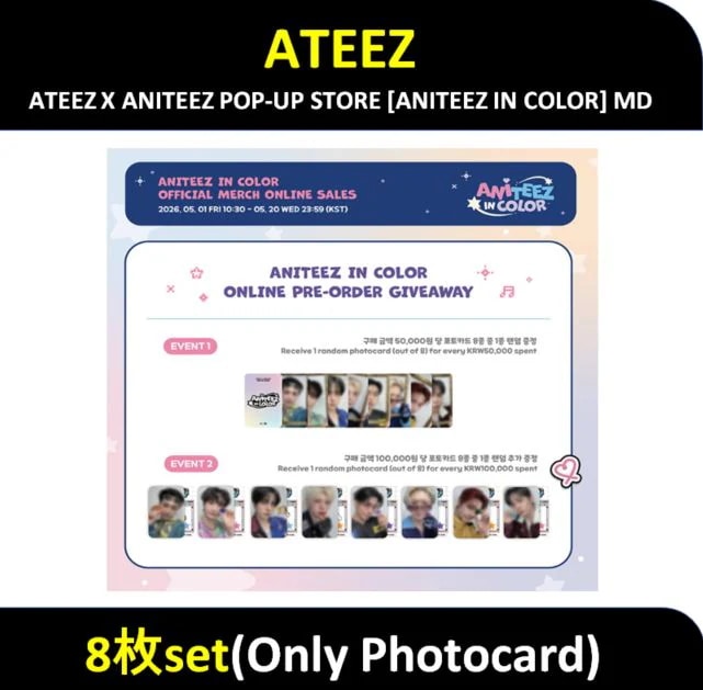 【soundwave特典】 ATEEZ - 8枚set(Only Photocard) / [ANITEEZ IN COLOR] OFFICIAL MD / 公式PHOTOCARD