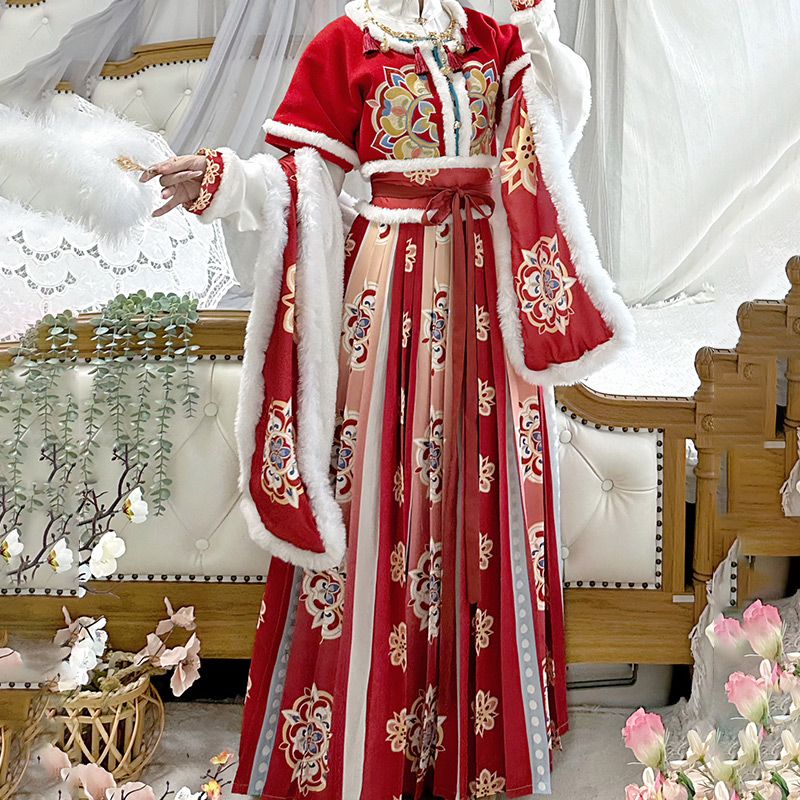 大人の漢服花柄女性スタイルプリントフラットカラー腰丈スリーピーススーツ冬正月日常用ベルベット付き